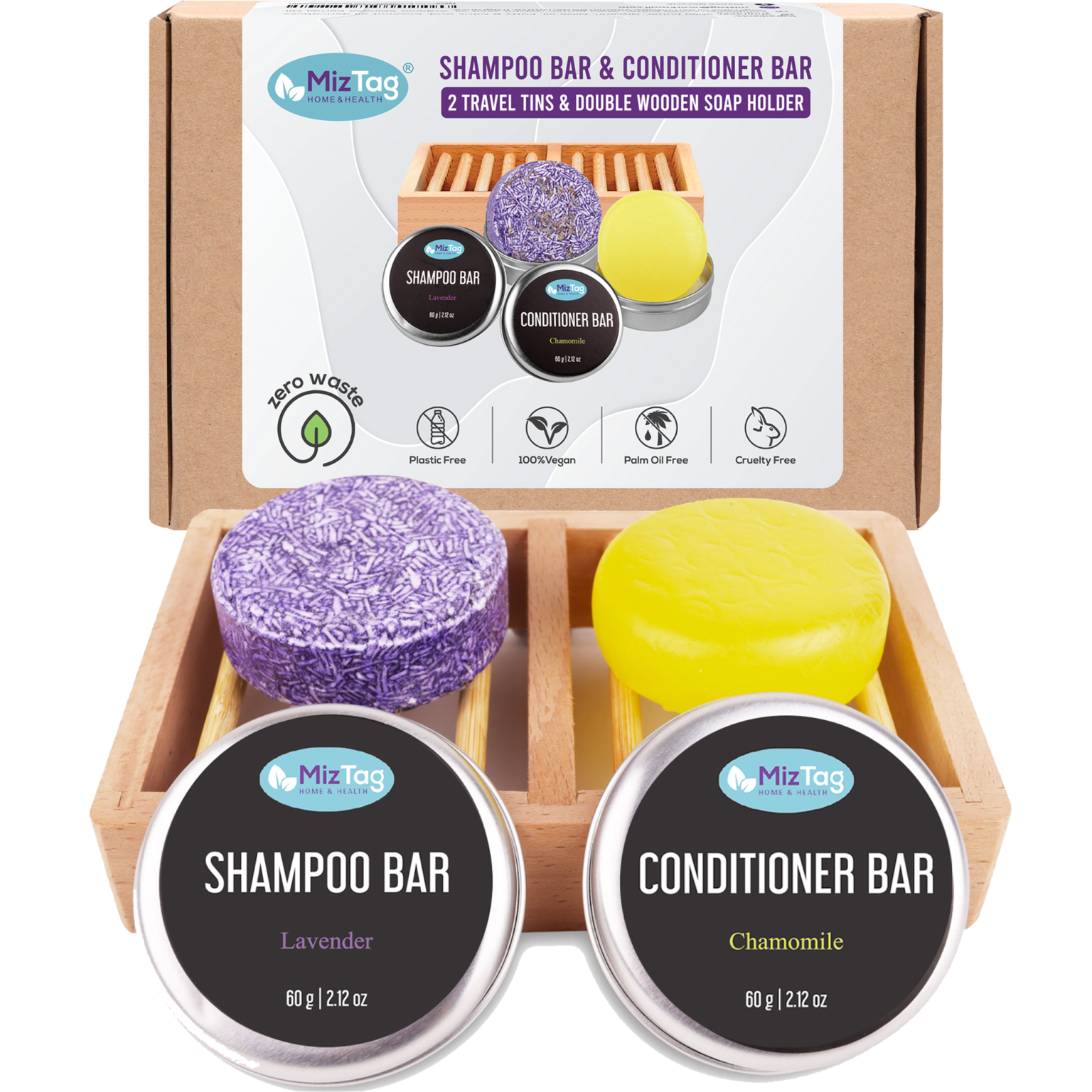 Shampoo bar & conditioner bar set with Travel container and wooden soap